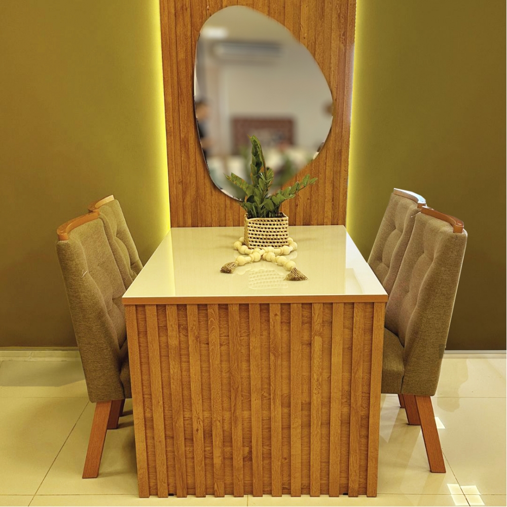 *Mesa com painel ripado Colonia C/Espelho + 4 Cadeiras - Cadeira porto Marrom Acinzentado