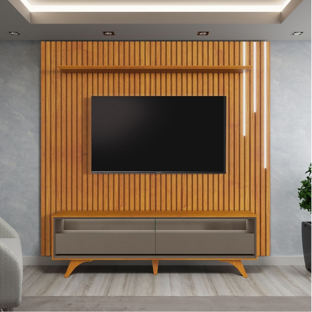 Conjunto painel ripado lyon 2.50 + Rack Viana - Naturale/ Platinum