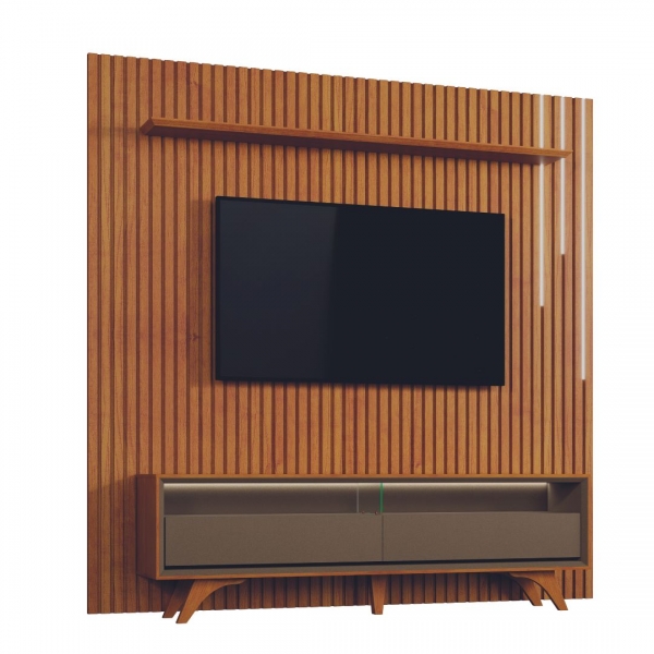 Conjunto painel ripado lyon 2.50 + Rack Viana - Naturale/ Platinum