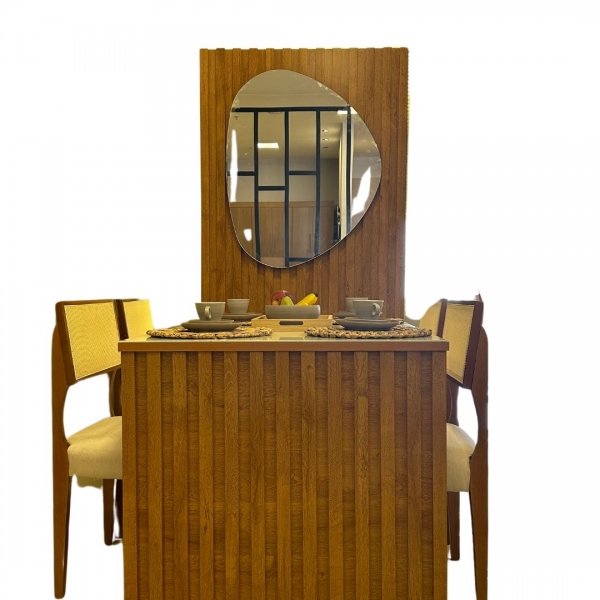 *Mesa com painel ripado Colonia C/Espelho + 4 Cadeiras - Cadeira Armani tela